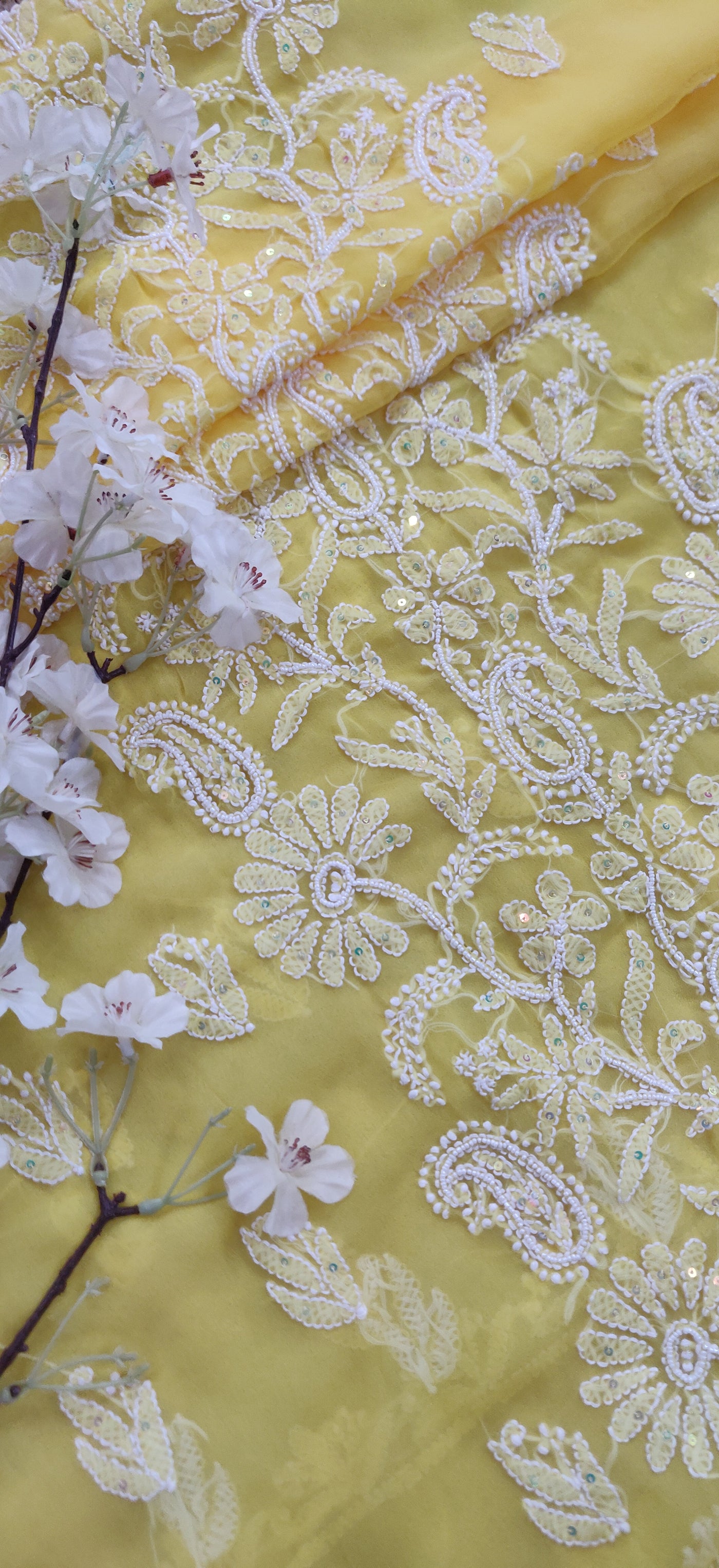 Yellow Georgette Chikankari Kurta Dupatta fabric