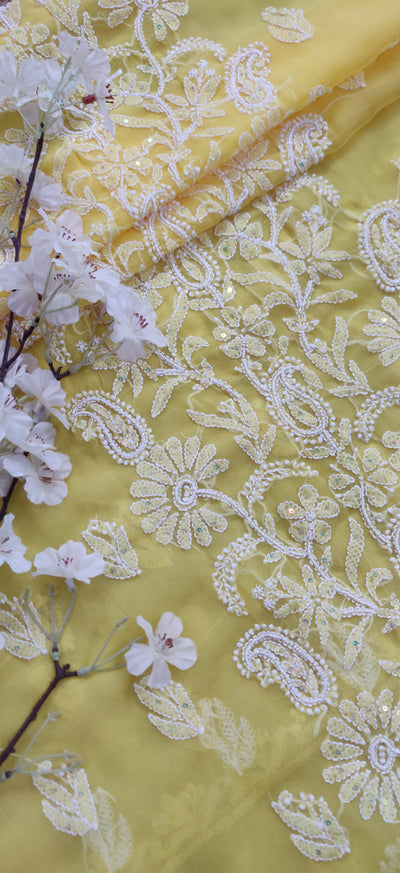 Yellow Georgette Chikankari Kurta Dupatta fabric