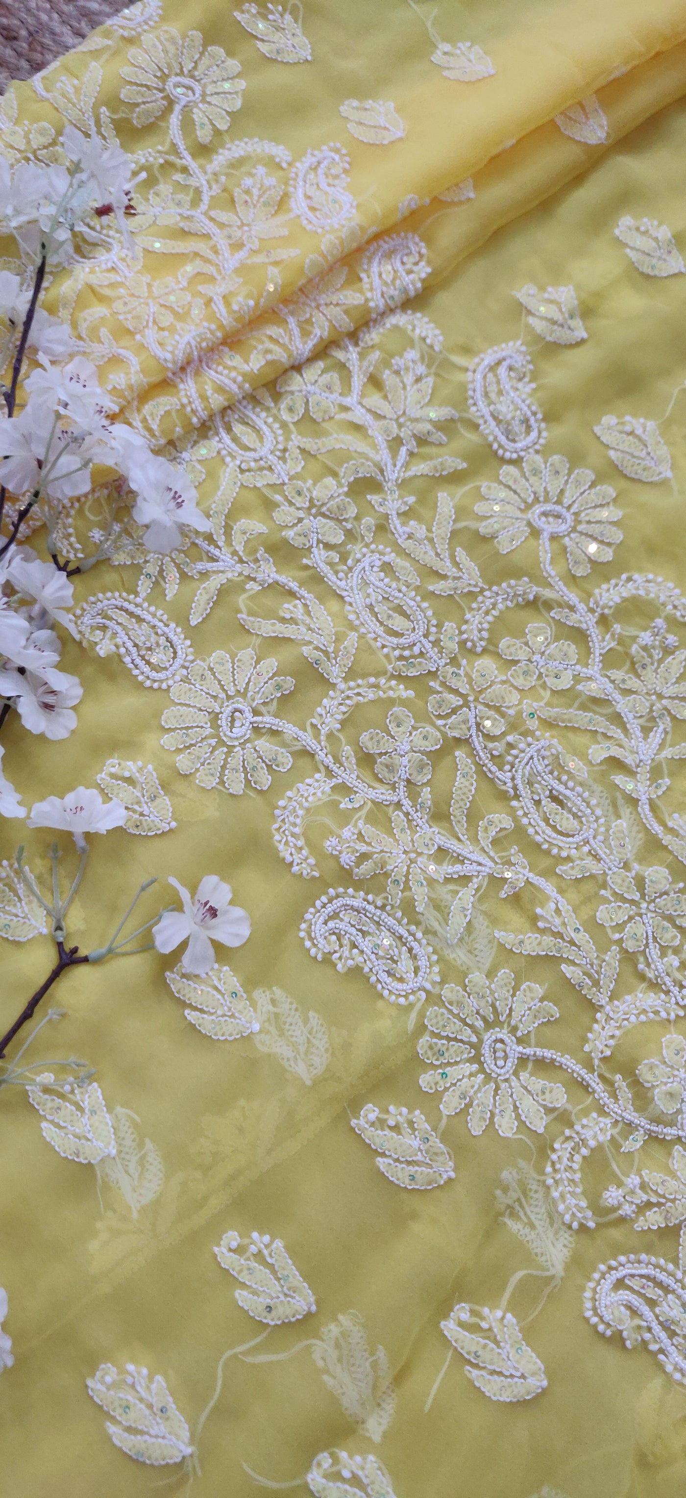 Yellow Georgette Chikankari Kurta Dupatta fabric