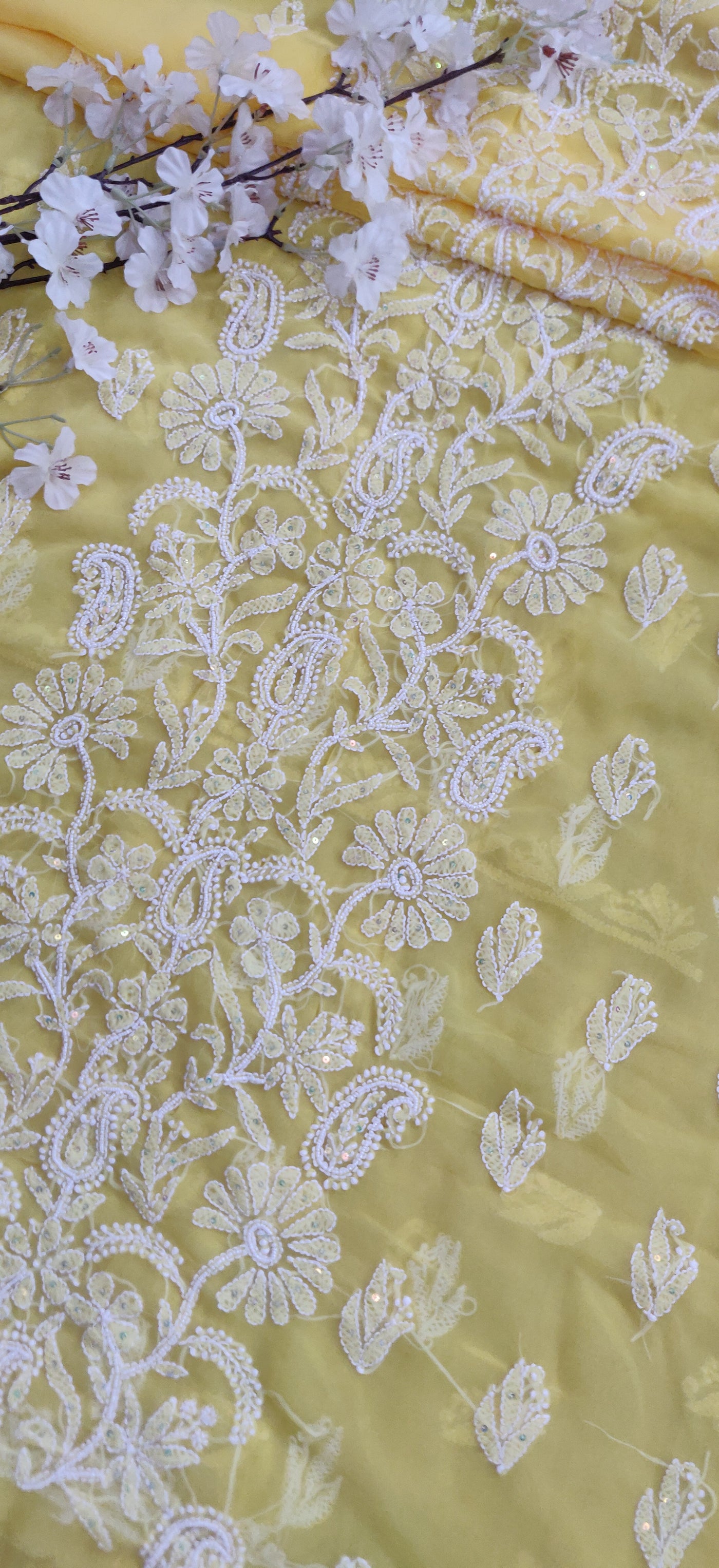 Yellow Georgette Chikankari Kurta Dupatta fabric