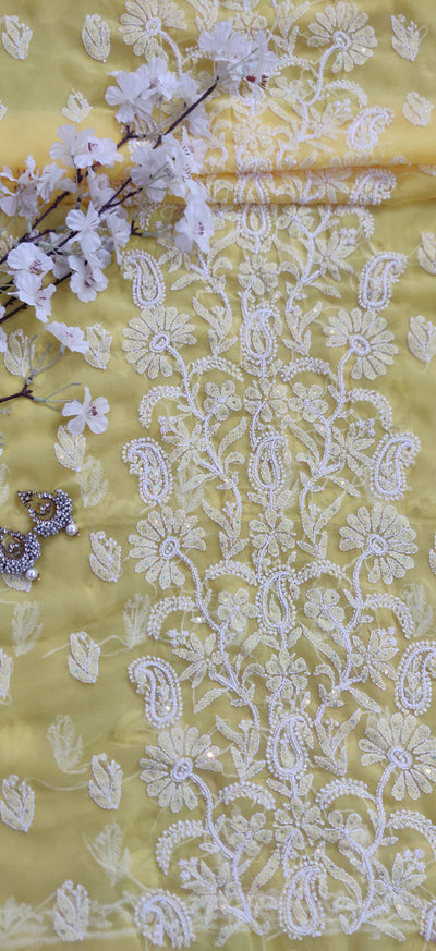 Yellow Georgette Chikankari Kurta Dupatta fabric