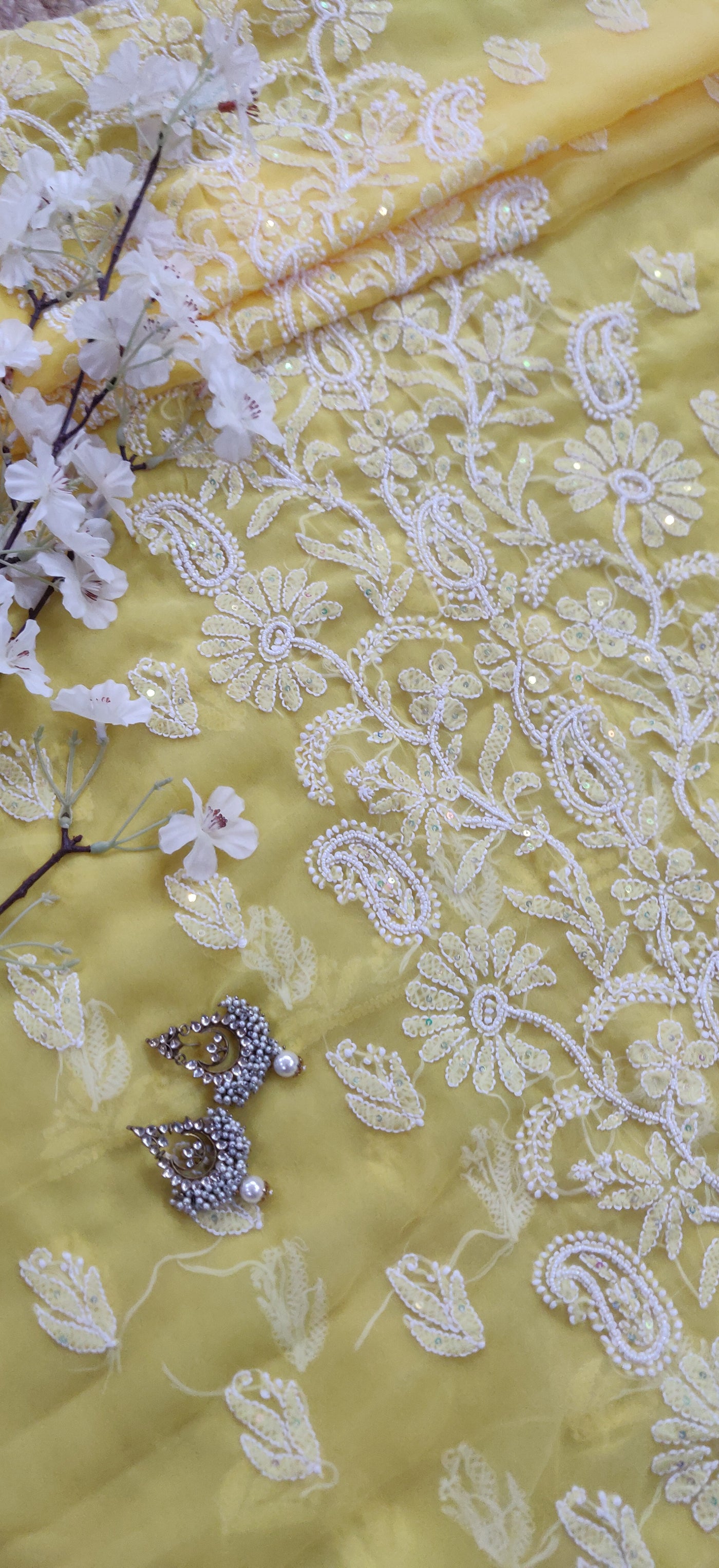 Yellow Georgette Chikankari Kurta Dupatta fabric