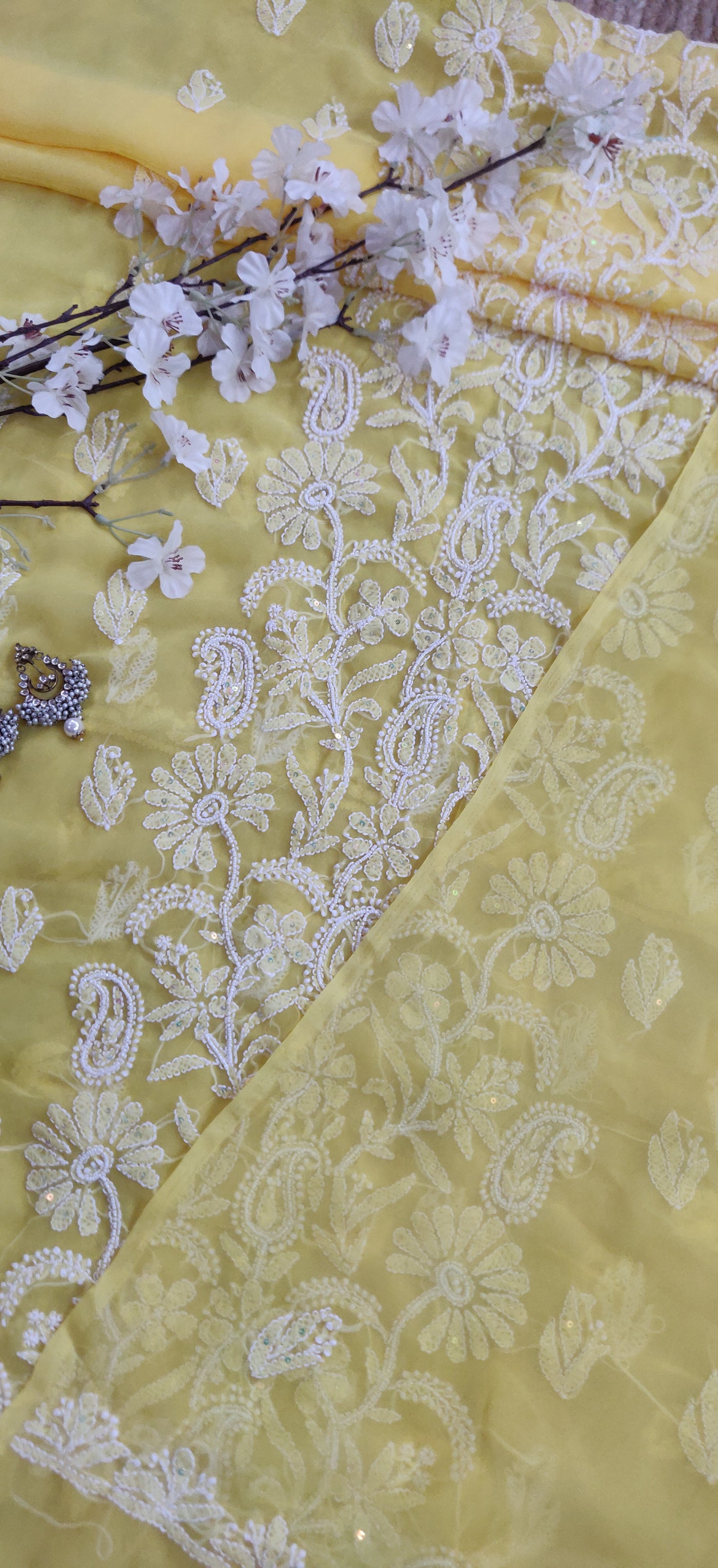 Yellow Georgette Chikankari Kurta Dupatta fabric