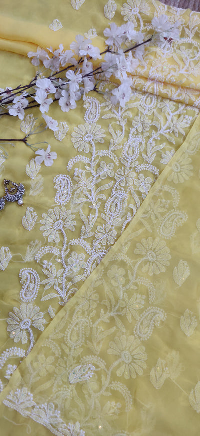 Yellow Georgette Chikankari Kurta Dupatta fabric