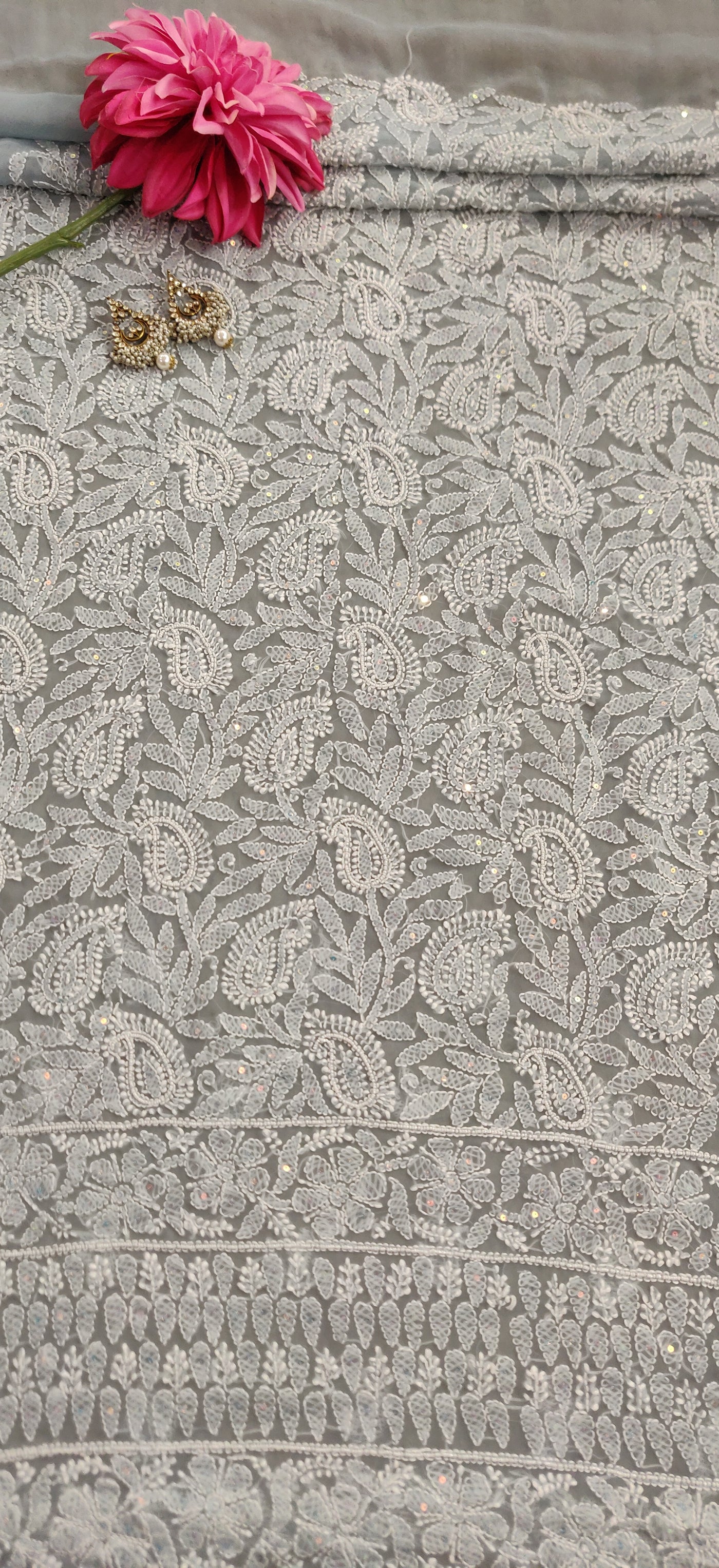 Grey Georgette Chikankari Kurta Dupatta fabric