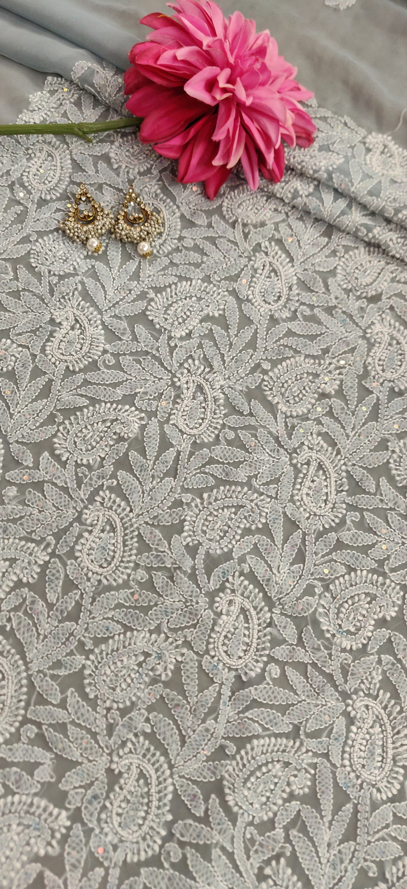 Grey Georgette Chikankari Kurta Dupatta fabric