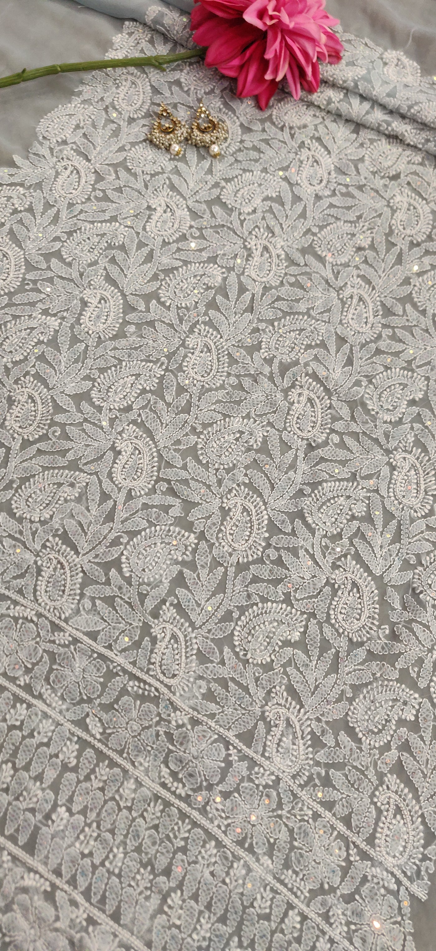 Grey Georgette Chikankari Kurta Dupatta fabric