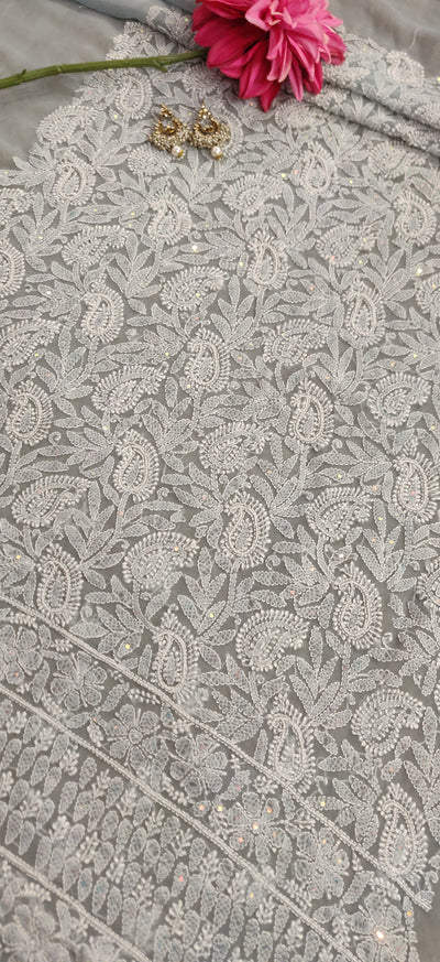 Grey Georgette Chikankari Kurta Dupatta fabric