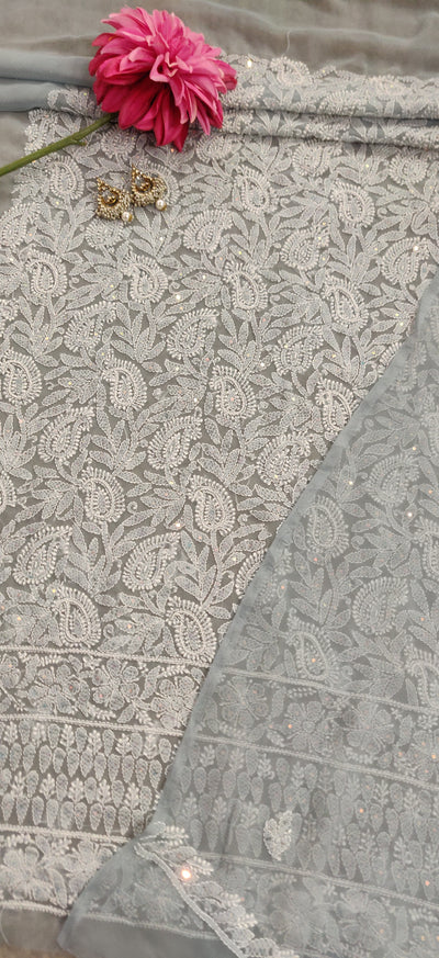 Grey Georgette Chikankari Kurta Dupatta fabric