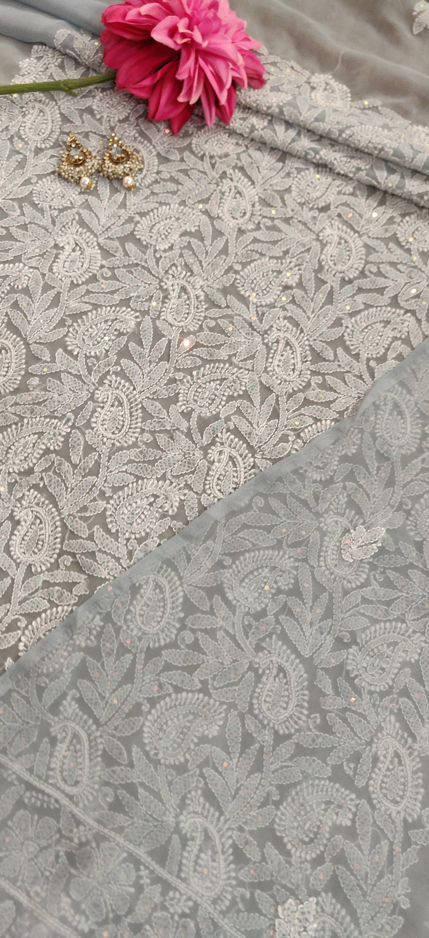 Grey Georgette Chikankari Kurta Dupatta fabric