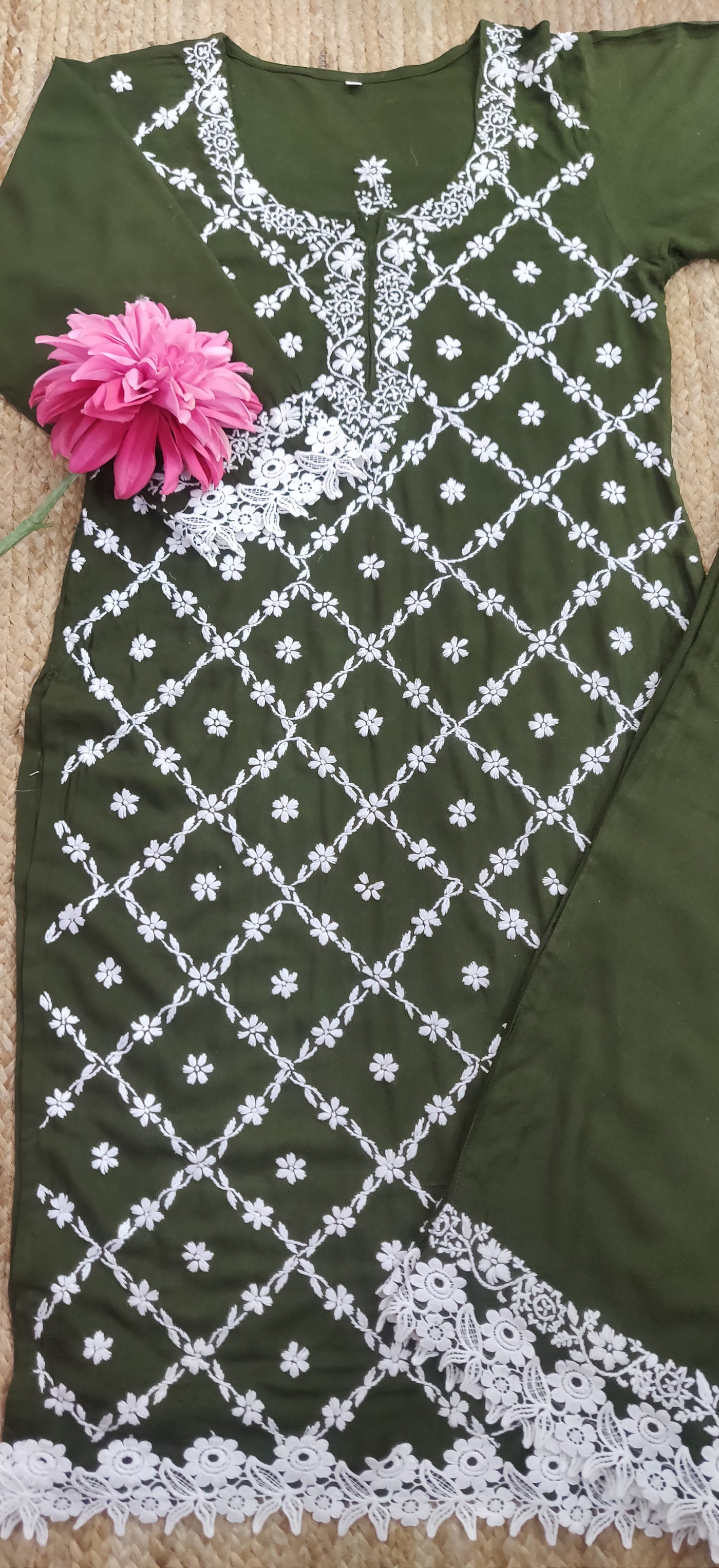 Mehndi Green Rayon Chikankari Set