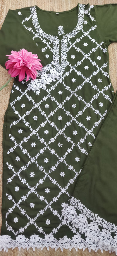 Mehndi Green Rayon Chikankari Set