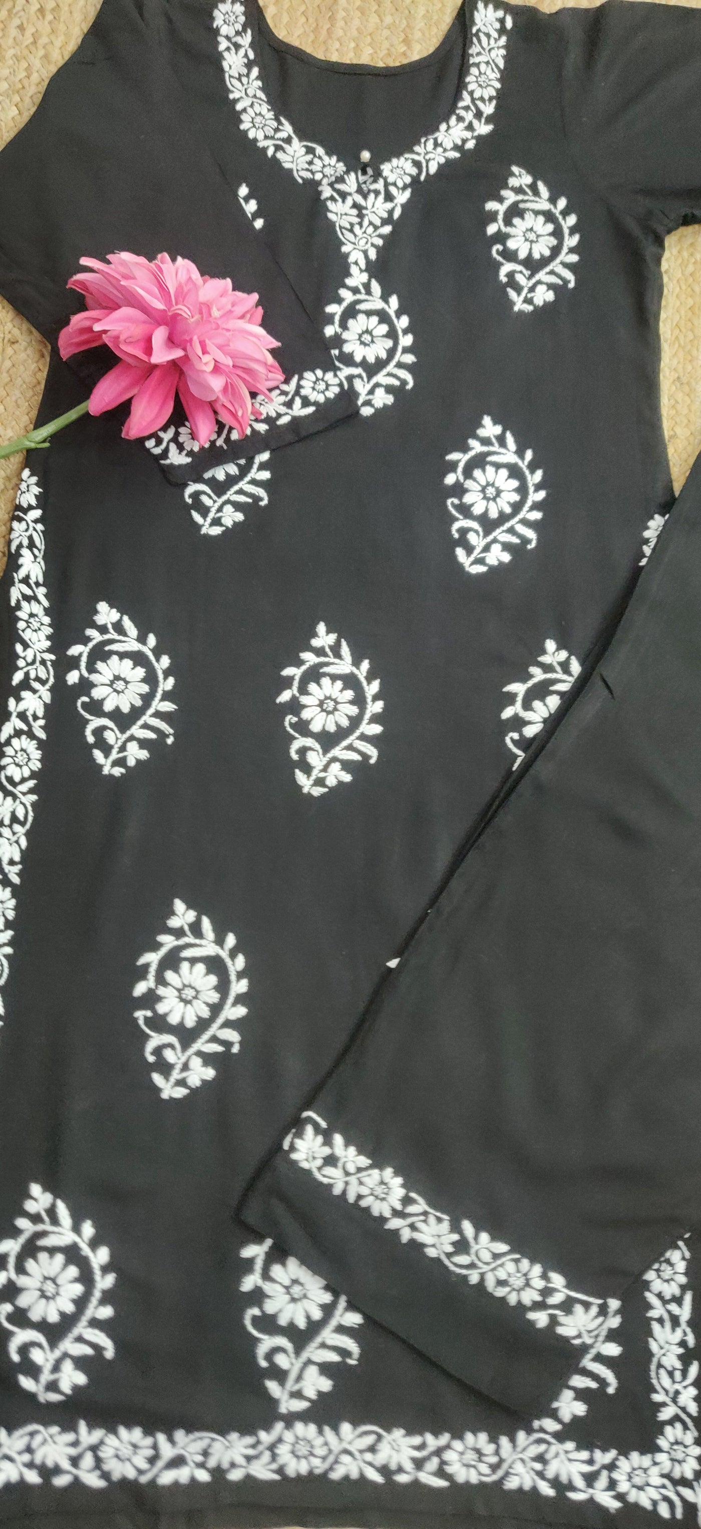 Black Rayon Chikankari Kurta Pant Set-Custom Made