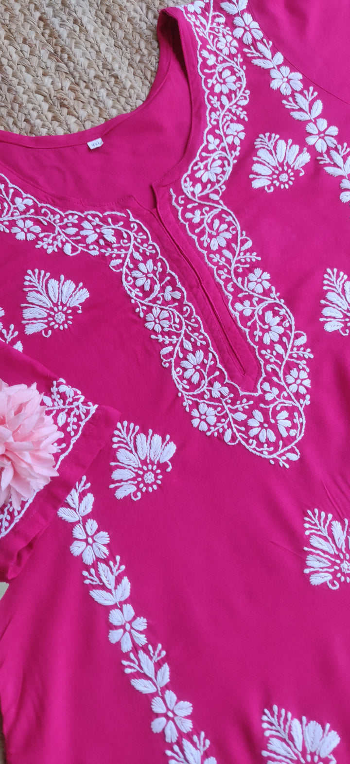 Rani Pink Rayon Chikankari Kurta with Pant Set-Custom Made