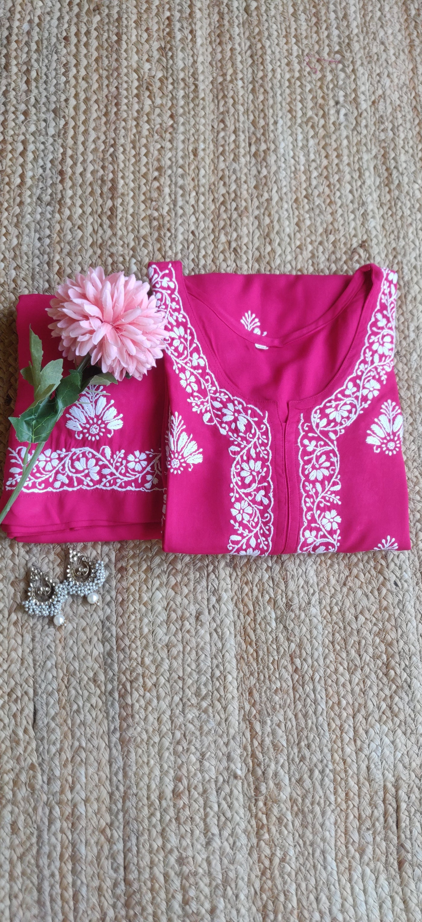 Rani pink rayon chikankari Kurta Pant Set