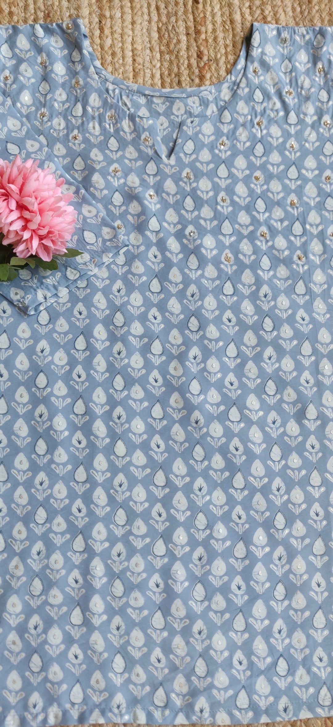 Grey Printed Cotton Short Kurta