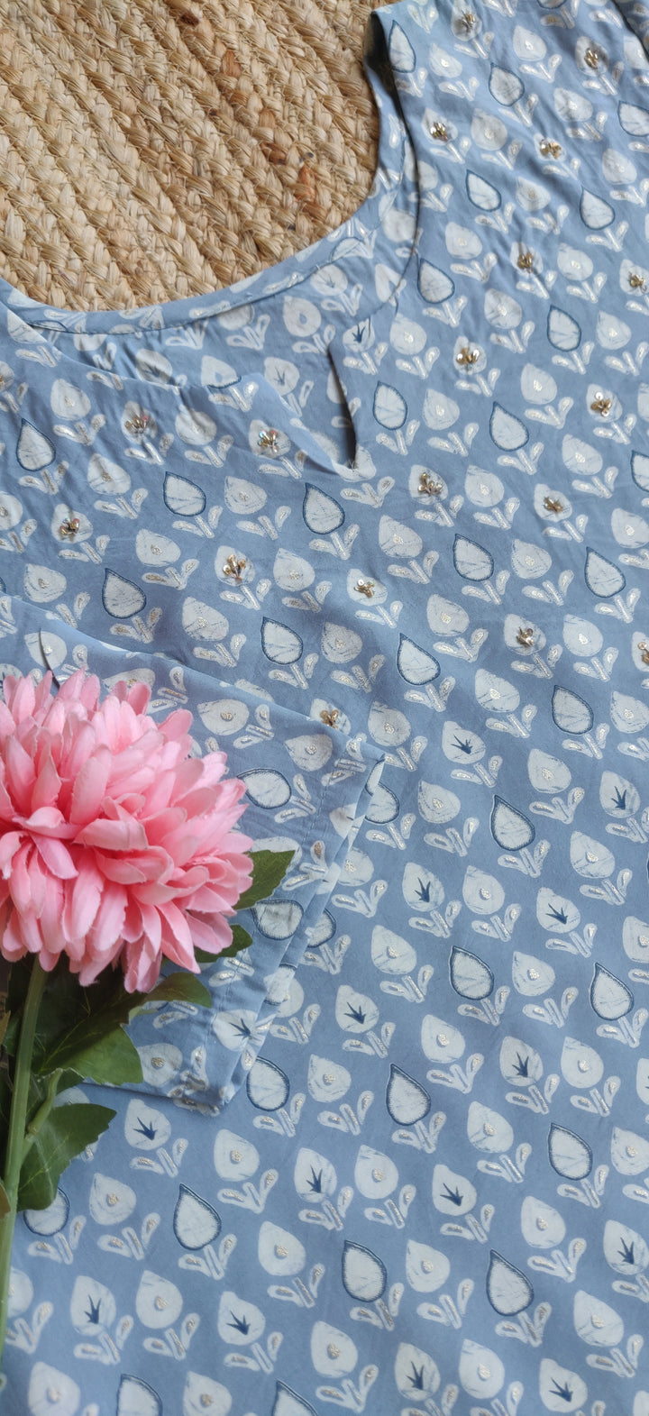 Grey Printed Cotton Short Kurta