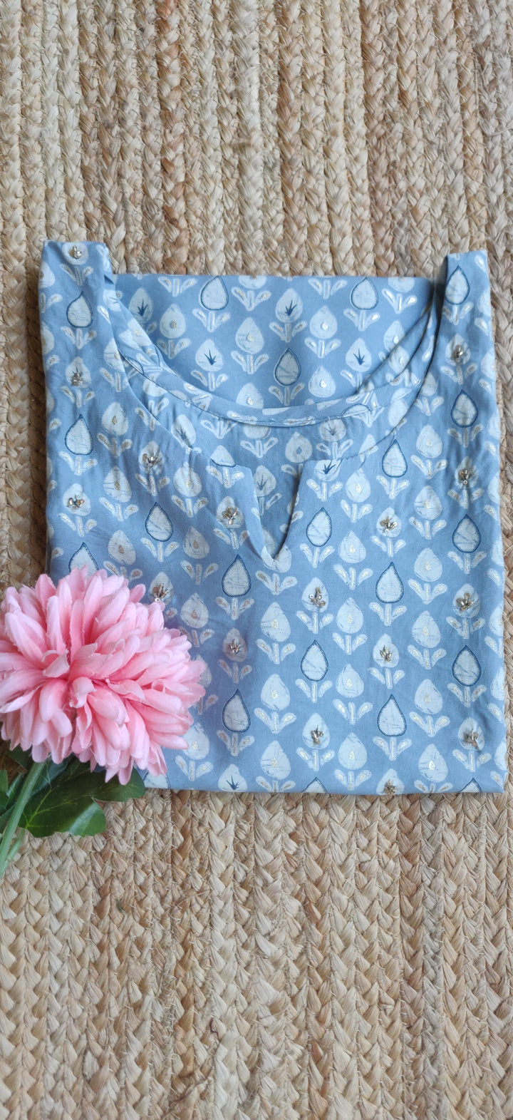 Grey Printed Cotton Short Kurta