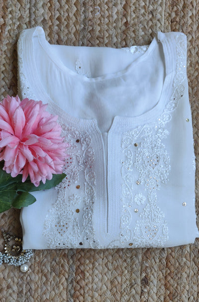 White A-Line Pure Georgette Chikankari Kurta -Custom Made