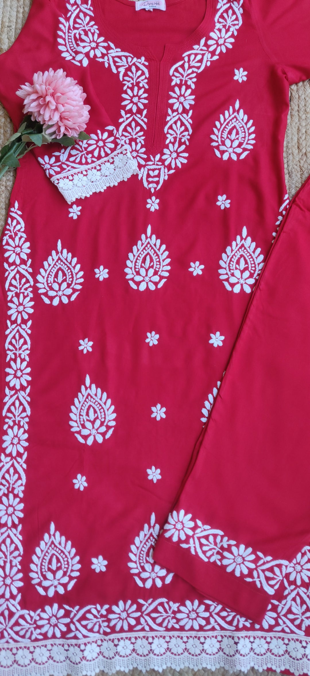 Red Rayon Chikankari Kurta With Pant Set -Custom Made