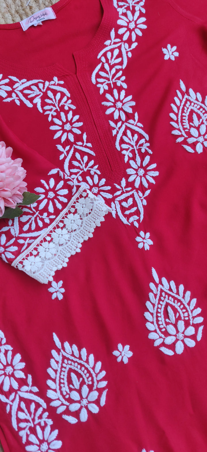 Red Rayon Chikankari Kurta With Pant Set -Custom Made