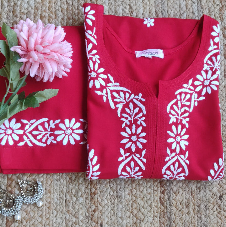 Red Rayon Chikankari Kurta With Pant Set -Custom Made