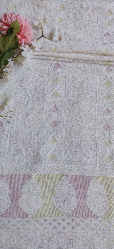 White Pure Georgette Chikankari Kurta Dupatta Fabric