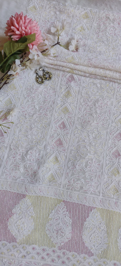 White Pure Georgette Chikankari Kurta Dupatta Fabric