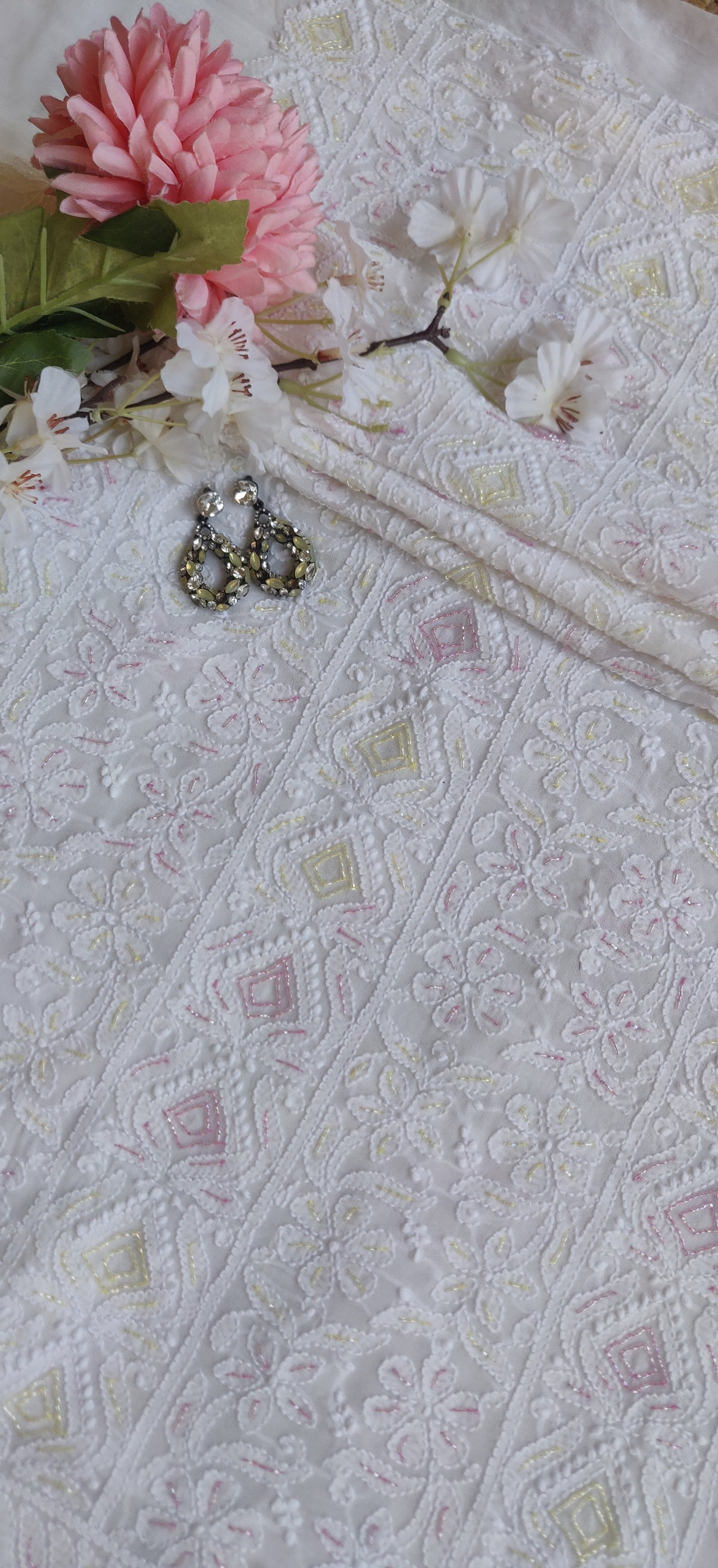 White Pure Georgette Chikankari Kurta Dupatta Fabric