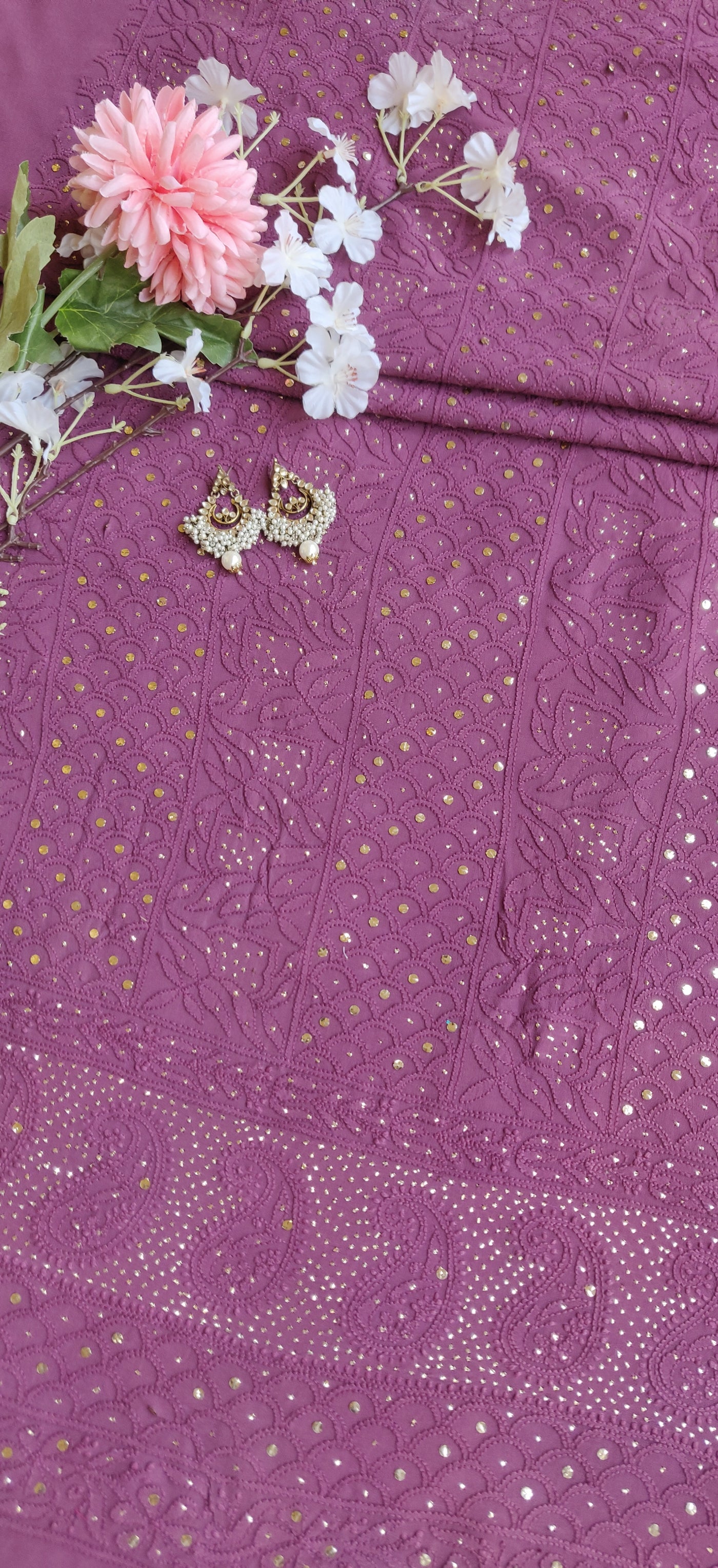 Wine Pure Georgette Chikankari Kurta Dupatta Fabric