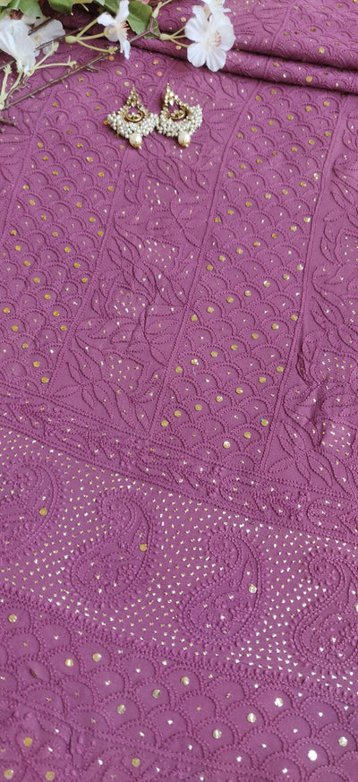 Wine Pure Georgette Chikankari Kurta Dupatta Fabric