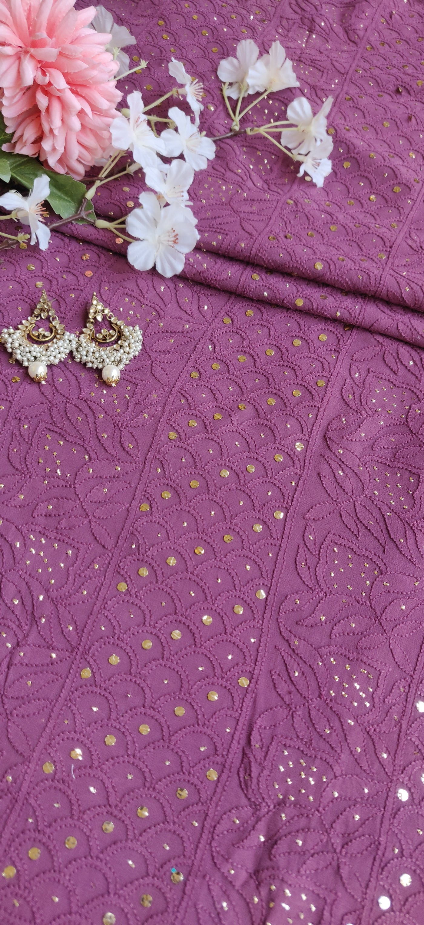 Wine Pure Georgette Chikankari Kurta Dupatta Fabric