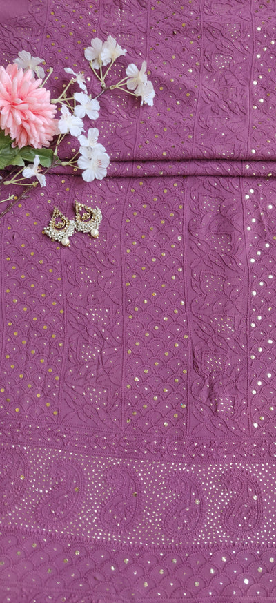 Wine Pure Georgette Chikankari Kurta Dupatta Fabric