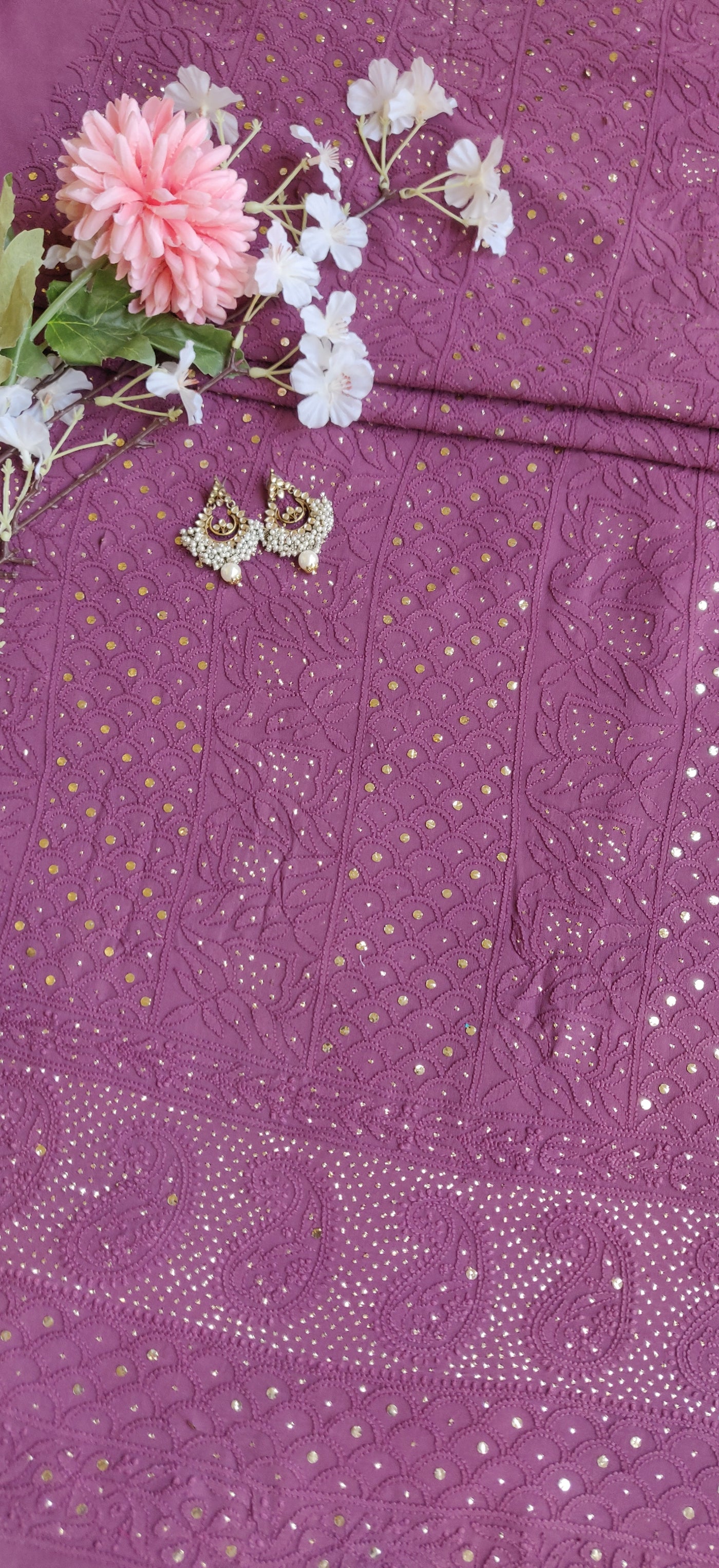 Wine Pure Georgette Chikankari Kurta Dupatta Fabric