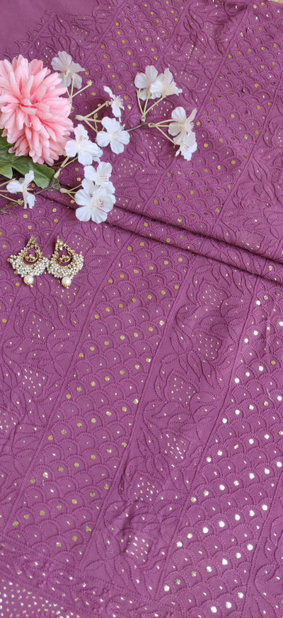 Wine Pure Georgette Chikankari Kurta Dupatta Fabric