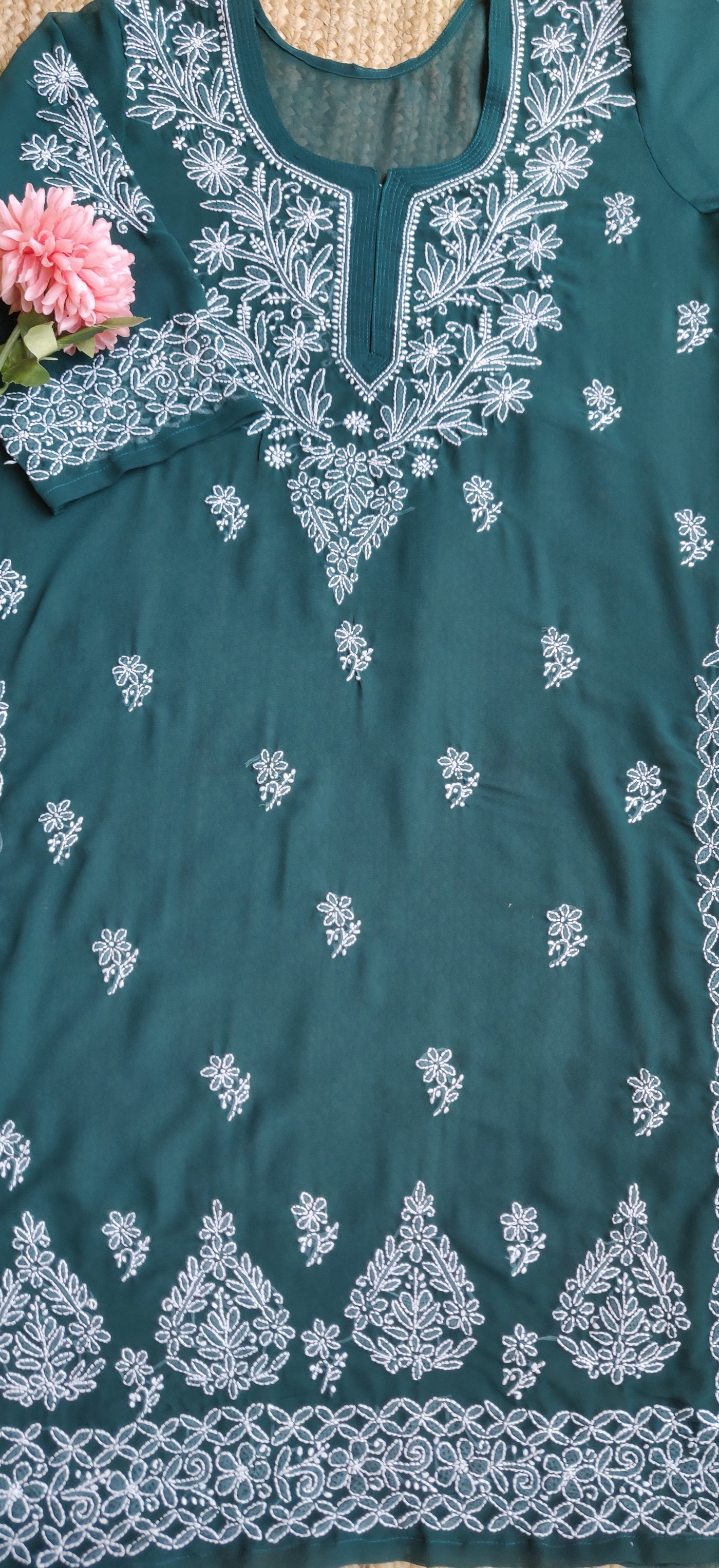 Dark Green Georgette Chikankari Kurta