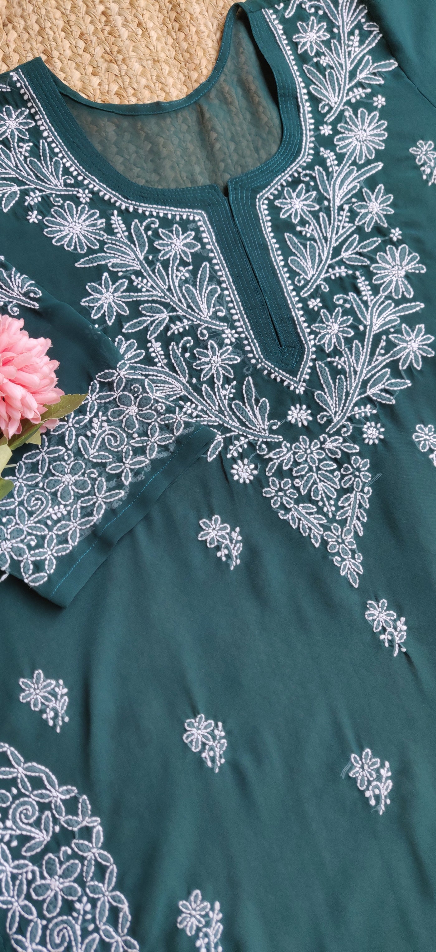 Dark Green Georgette Chikankari Kurta