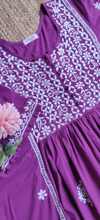 Purple Rayon Chikankari Kurta Pant Set -Custom Made