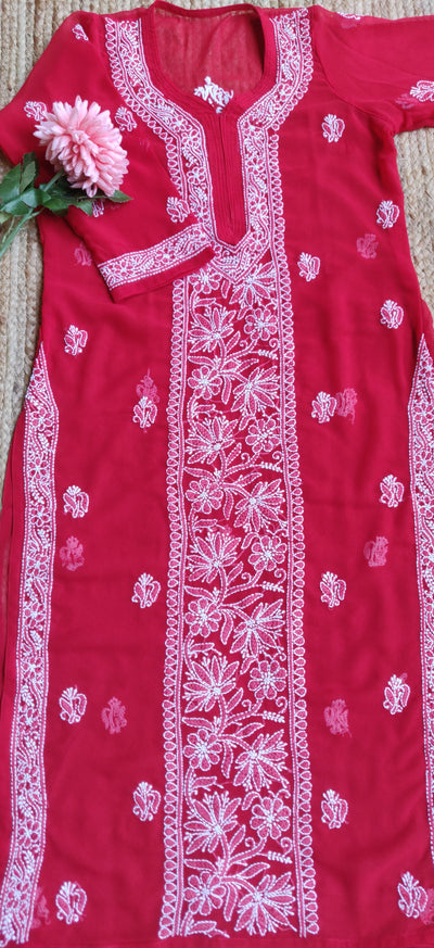 Red Georgette Chikankari Kurta