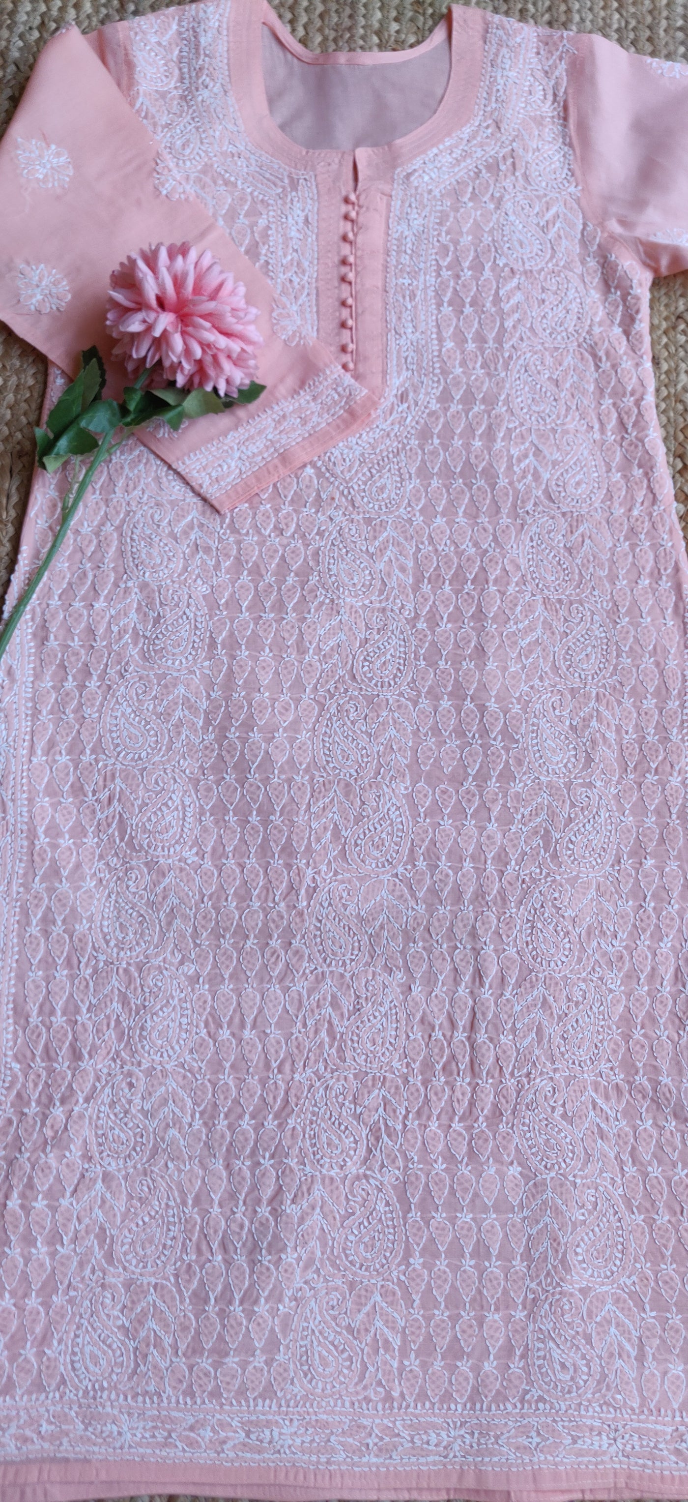 Peach Cotton Chikankari Kurta