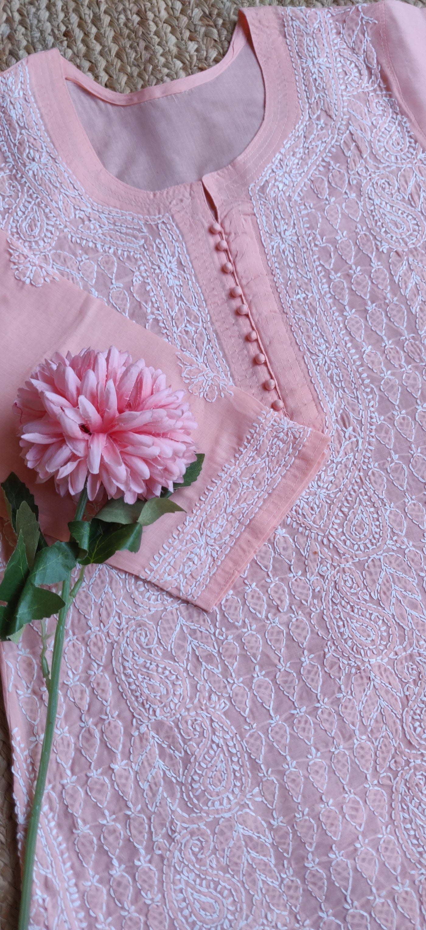 Peach Cotton Chikankari Kurta