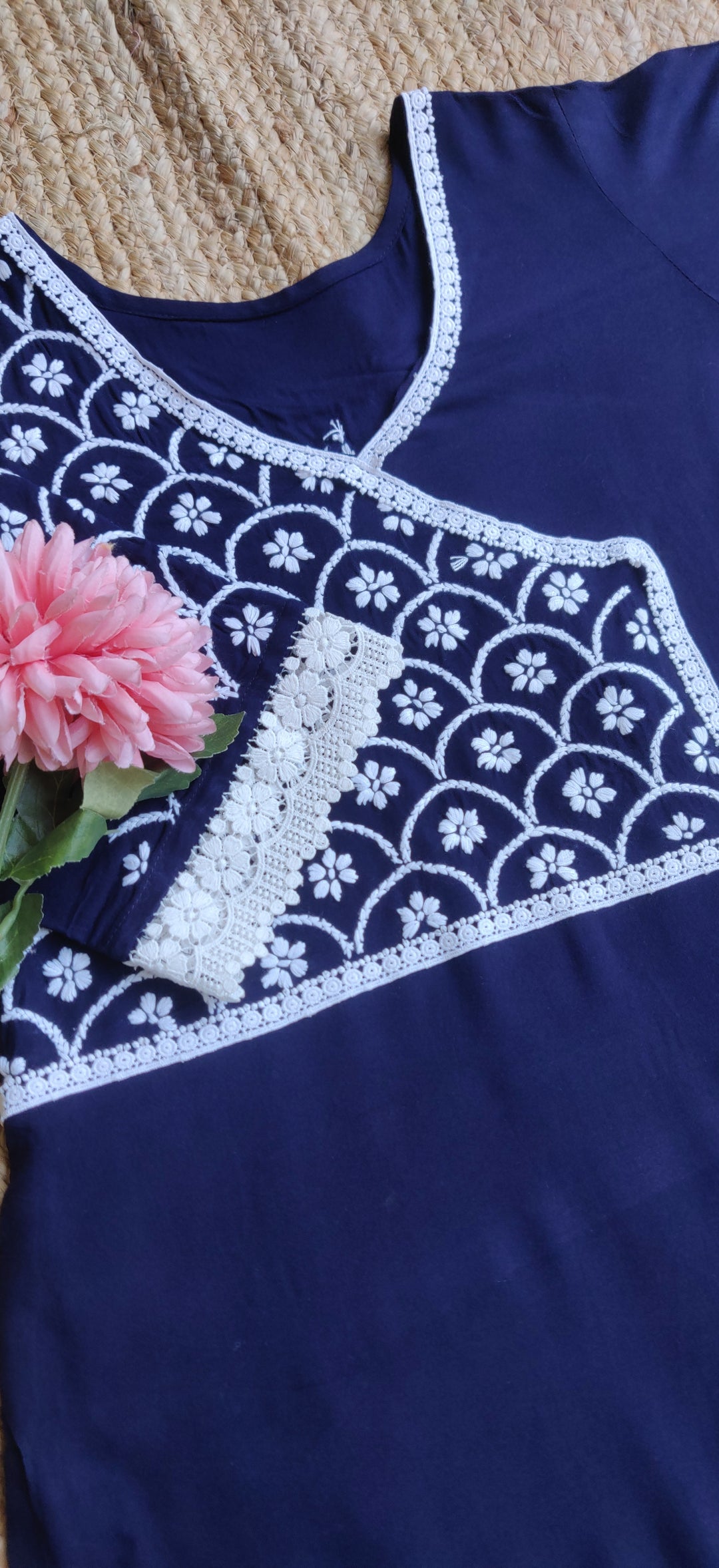 Navy Blue Rayon Chikankari  Kurta With Pant Set