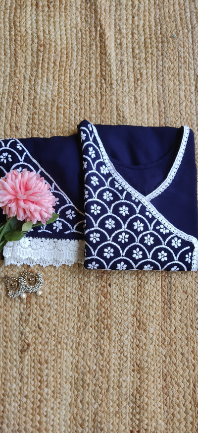 Navy Blue Rayon Chikankari  Kurta Pant Set-Custom Made