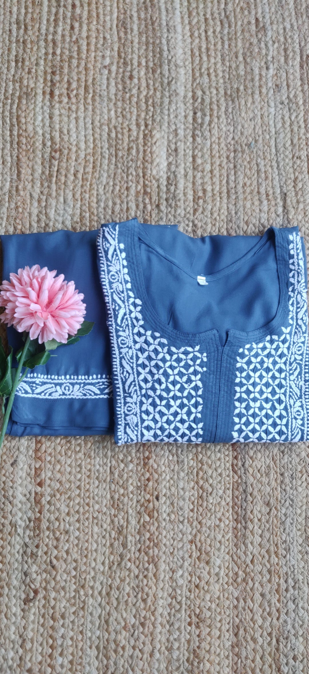 Grey Reyon Chikankari Kurta with Pant Set-Custom Made