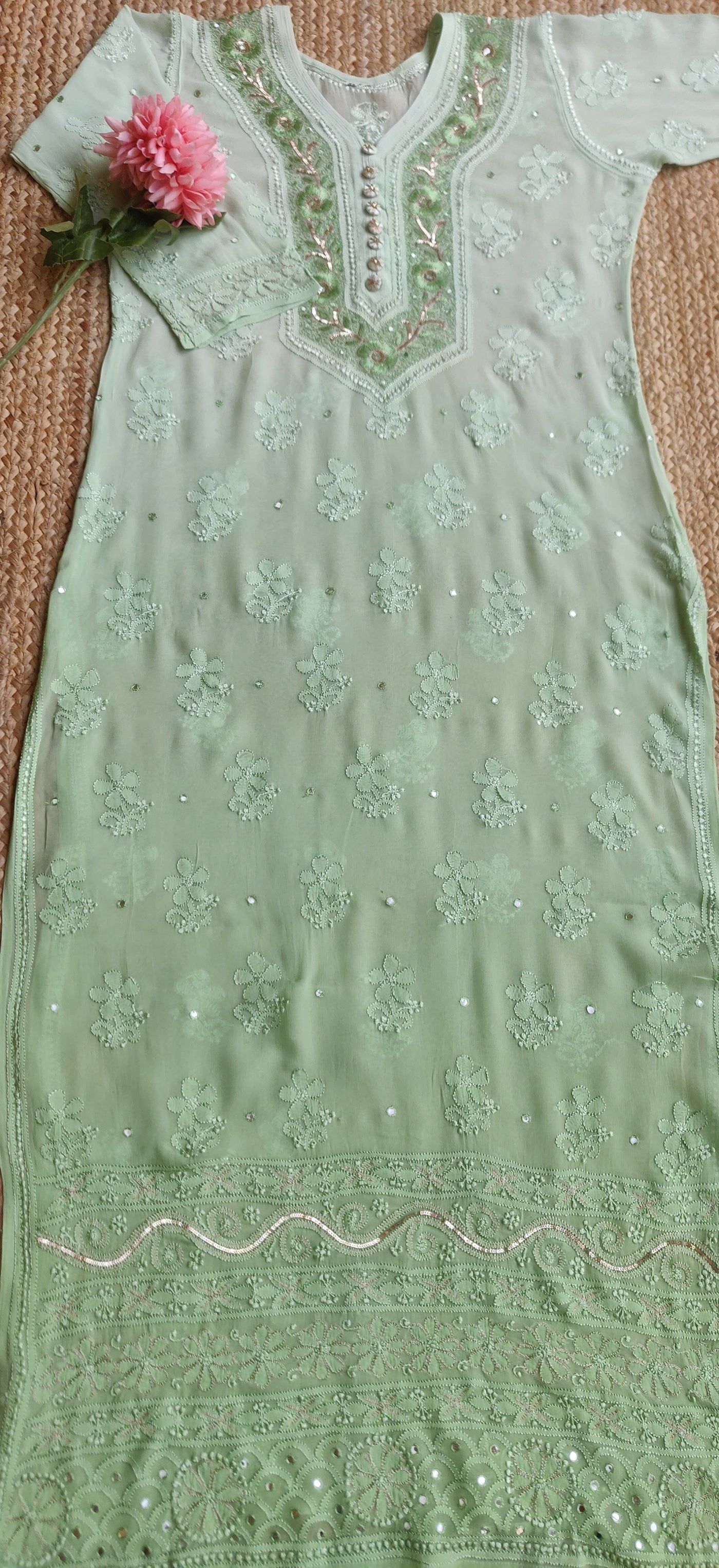 Light Green Pure Georgette Chikankari Kurta