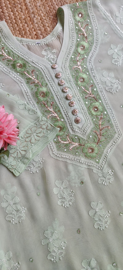 Light Green Pure Georgette Chikankari Kurta