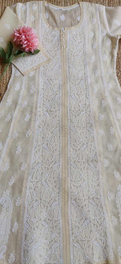 Beige Cotton Chikankari A-Line Kurta