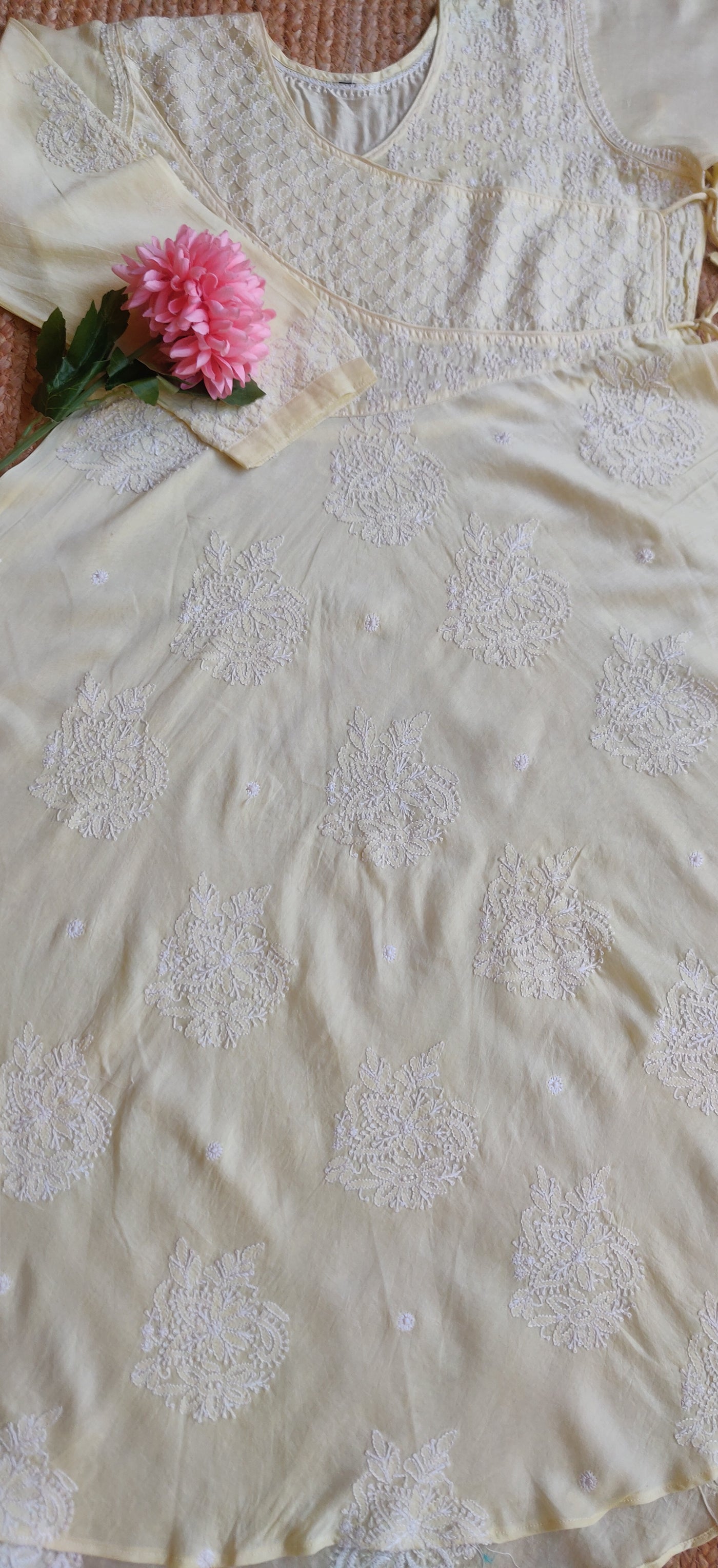 Lime Chanderi Chikankari A -line Kurta