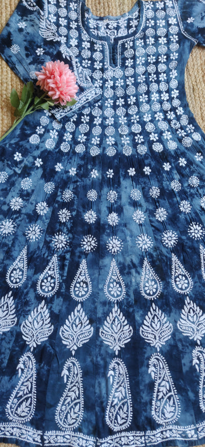 Blue and Grey Printed Reyon  Chikankari Anarkali