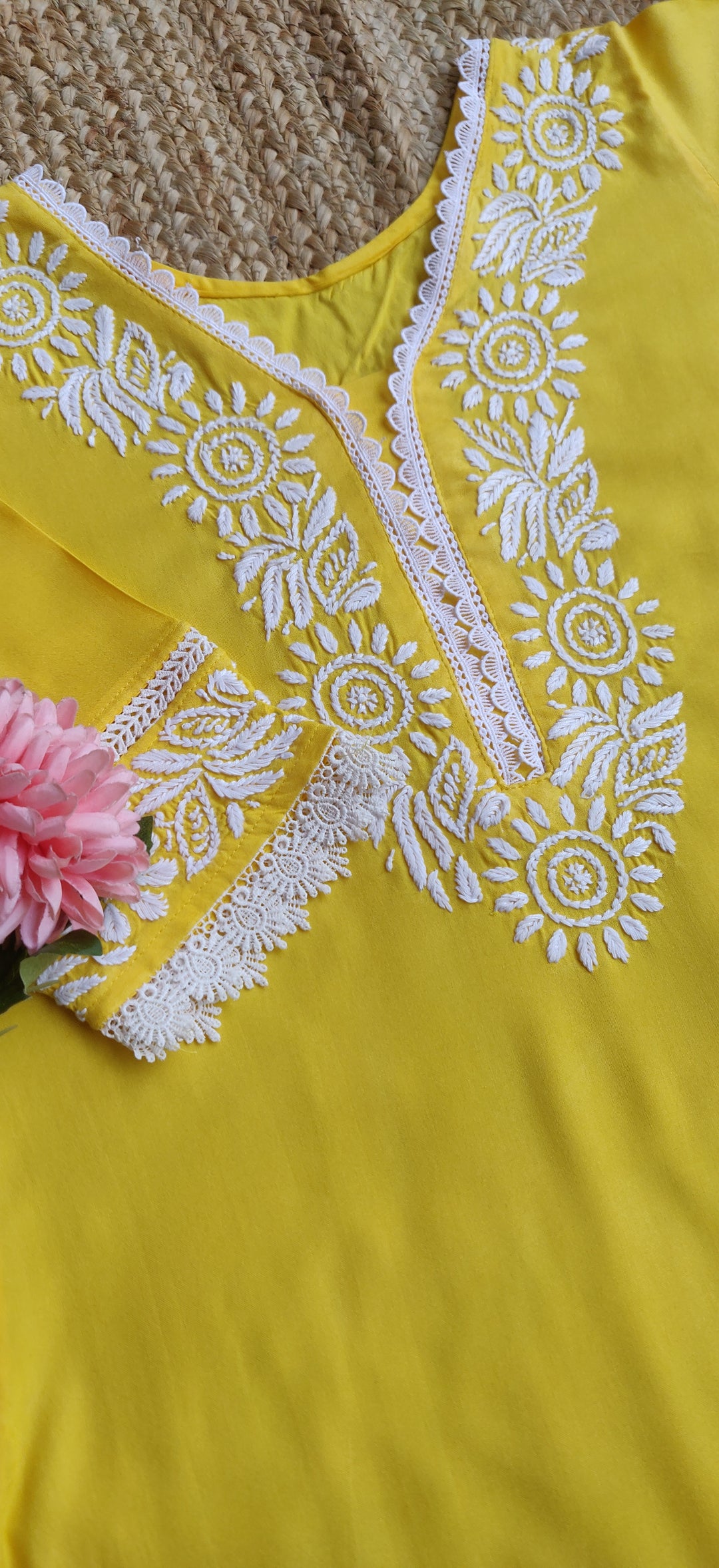 Yellow Rayon Chikankari Kurta Pant Set